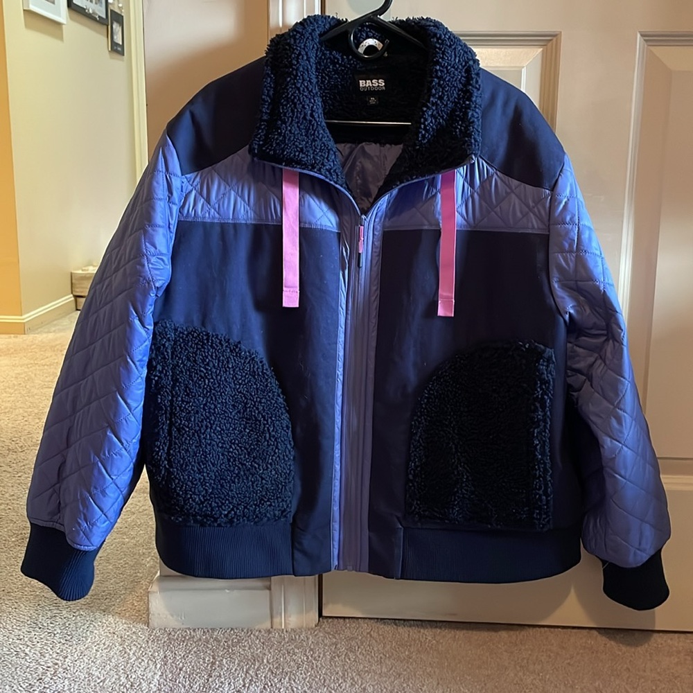 BASS OUTDOOR Canvas Sherpa Purple Women's Quilted-Trim Zip Bomber Jacket